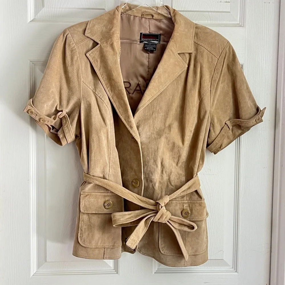 Bradley Suede Safari Jacket Women Short Sleeve Belted Tan Retro Western Boho